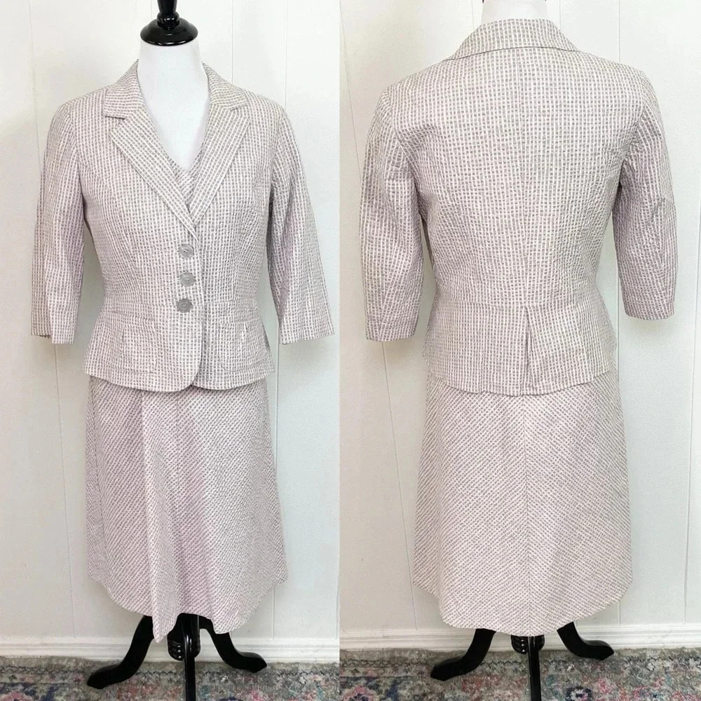 Pendleton Pink Sage Cream Checked Seersucker Cap Sleeve Dress & Crop Blazer Sz 4
